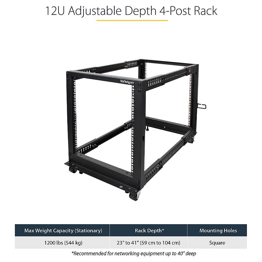 StarTech 12U Adjustable Depth Open Frame 4 Post Server Rack w/ Casters / Levelers and Cable Management Hooks