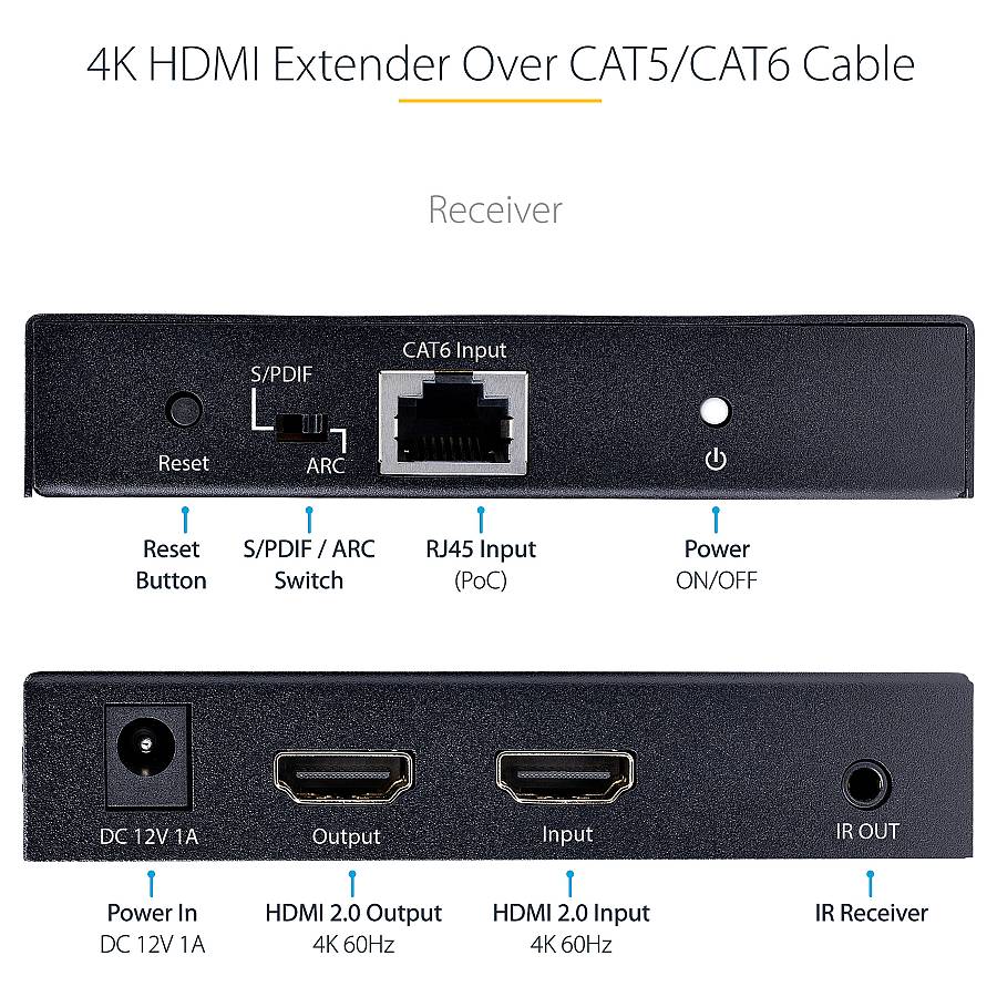 StarTech.com 4K HDMI Extender Over CAT5/CAT6 Cable. 4K 60Hz HDR Video Extender. Up to 230ft (70m)