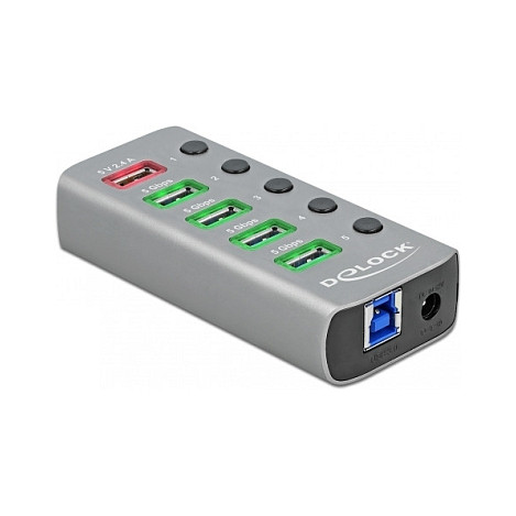 DELOCK USB 3.2 Gen 1 Hub mit 4 Ports + 1 Schnellladeport + 1 USB-C PD 3.0 Port mit Schalter und Beleuchtung