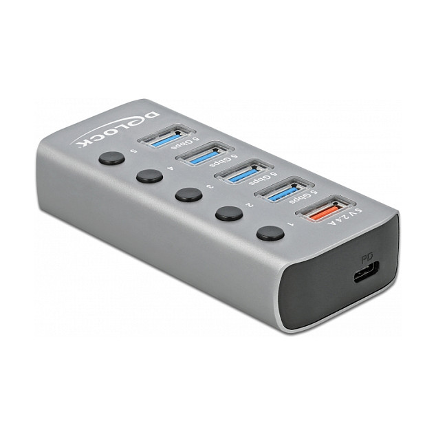DELOCK USB 3.2 Gen 1 Hub mit 4 Ports + 1 Schnellladeport + 1 USB-C PD 3.0 Port mit Schalter und Beleuchtung