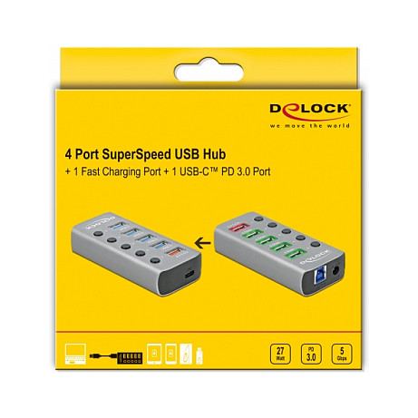 DELOCK USB 3.2 Gen 1 Hub mit 4 Ports + 1 Schnellladeport + 1 USB-C PD 3.0 Port mit Schalter und Beleuchtung
