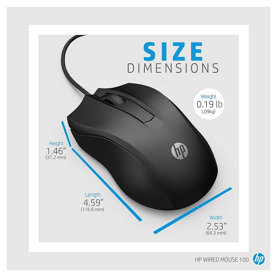 HP 100 , Mouse , right and left-handed , optical , 3 buttons , wired , USB
