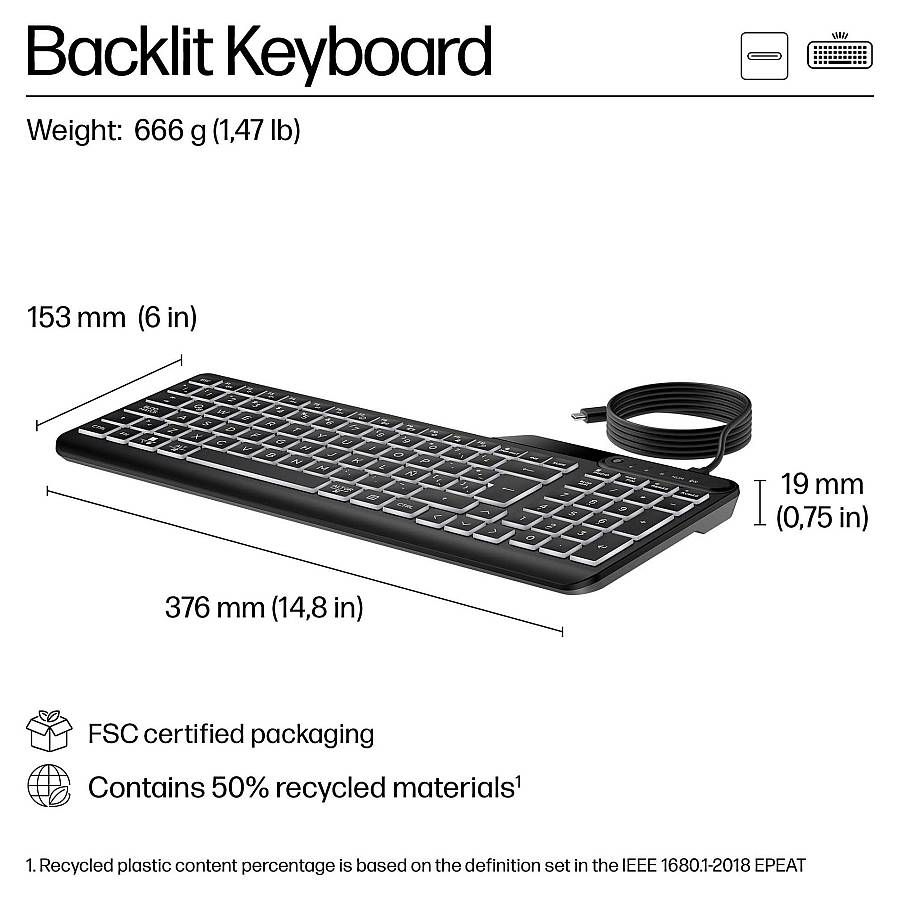 HP 405 Multi-Device Backlit Wired Keyboard