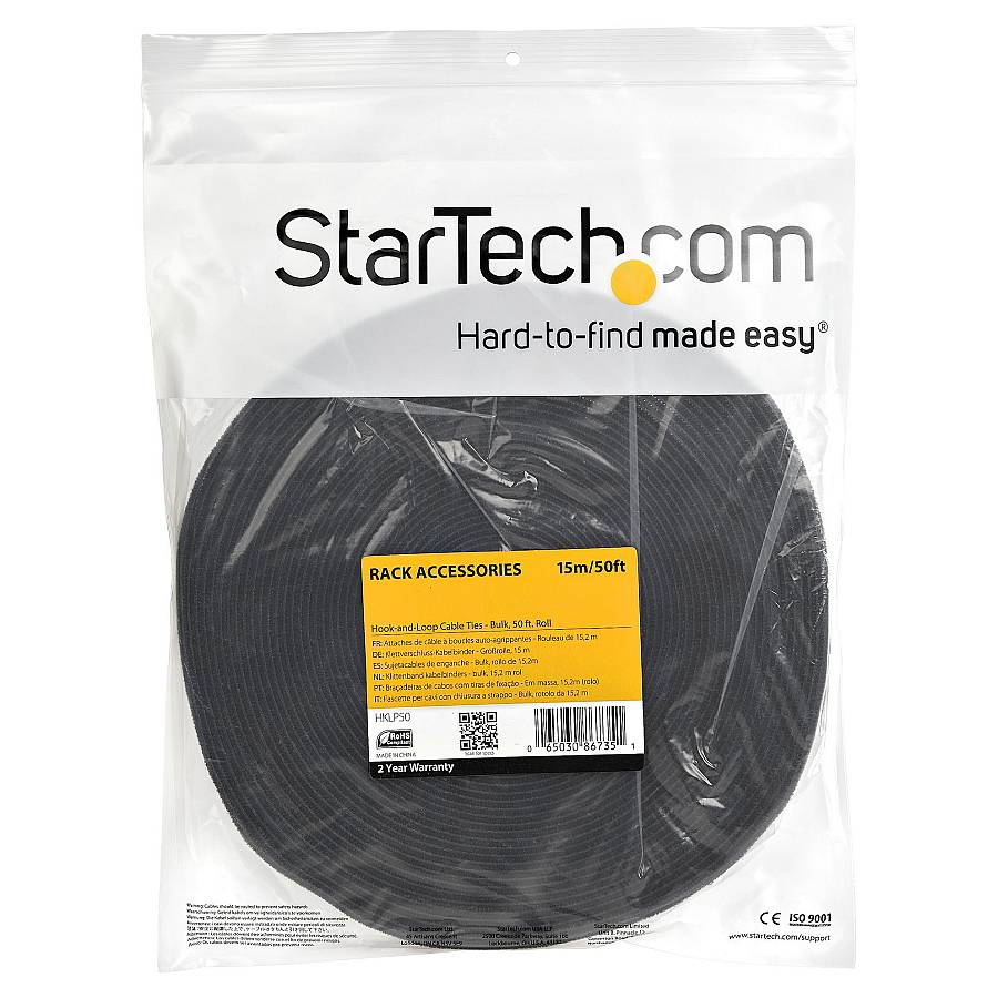 StarTech Hook-and-Loop Cable Management Tie - 50 ft. Bulk Roll - Black - Cut-to-Size Cable Wrap / Straps